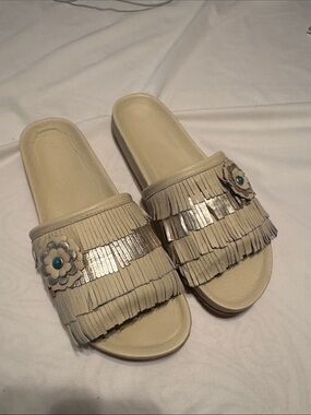 Beige Fringe Slide Mules with Floral Accent